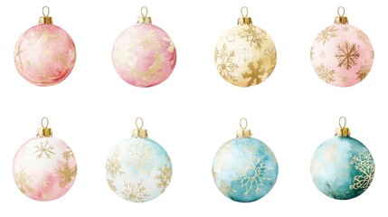 Eight Watercolor Christmas Ornaments in Pastel Colors