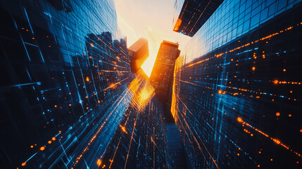 Smart digital city with connection cyber security network reciprocity over the cityscape . future smart wireless digital city and social media networking systems that connects people within the city