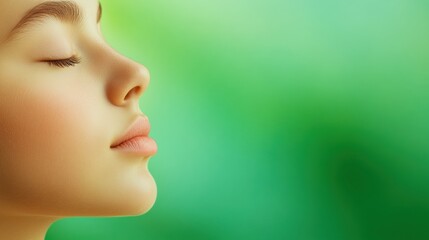 Obraz premium Serene profile of a woman with closed eyes against a vibrant green background, AI