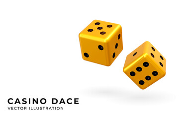 Casino dices poster, banner, flyer template. Vector realistic 3d illustration. Casino or gambling concept. Game sign. Shiny two cubes.