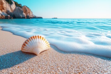 Obraz premium A peaceful beach scene featuring a delicate shell resting on soft sand, with gentle ocean waves lapping at the shore under a clear blue sky. Perfect for evoking a sense of calm and relaxation.