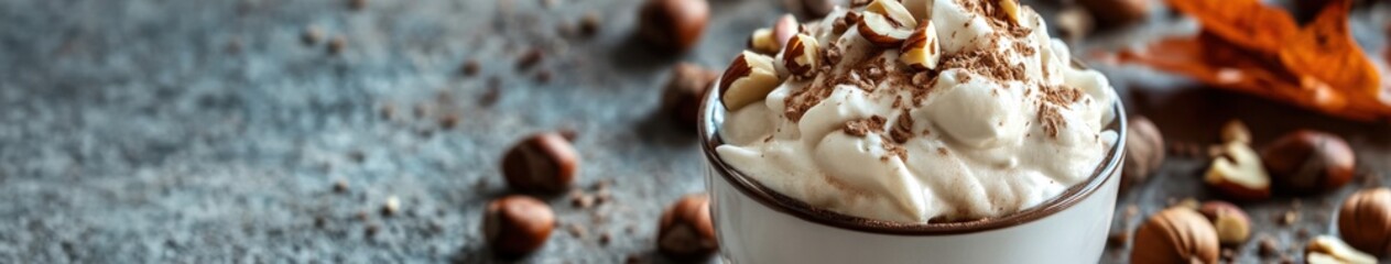 Fototapeta premium Creamy dessert topped with nuts and chocolate shavings on a rustic table