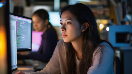 women engaged in programming and business analytics, working together at computers in a startup setting