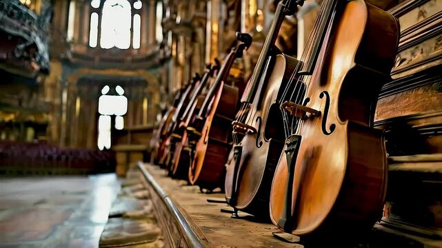 cellos  lined ucellos  lined up in a row in a churchp in a row in a church