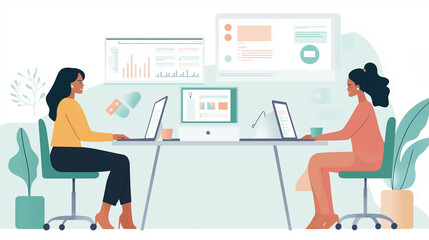 women engaged in programming and business analytics, working together at computers in a startup setting