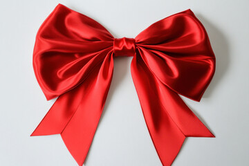 Red bow with big bow on top, set on white table, surrounded by gift wrapping supplies, scissors and ribbons, with sunlight streaming in.