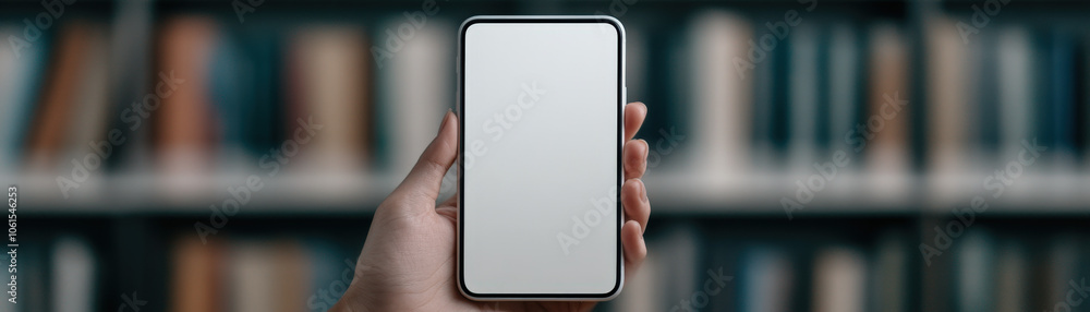 Aufkleber A hand holds a smartphone in front of a blurred background of bookshelves, emphasizing digital interaction in a library setting.