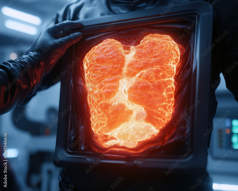 Fototapete a futuristic display shows a glowing, molten-like heart shape within a high-tech frame, suggesting a