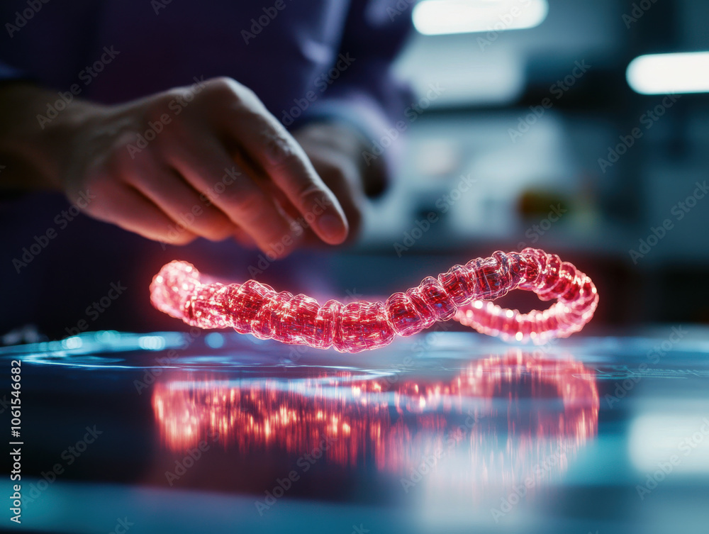 Poster a person manipulates a glowing, helix-like structure, symbolizing advanced technology or biological 