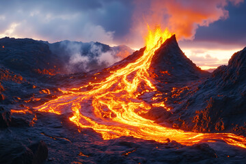 A volcano erupts lava into the air at sunset