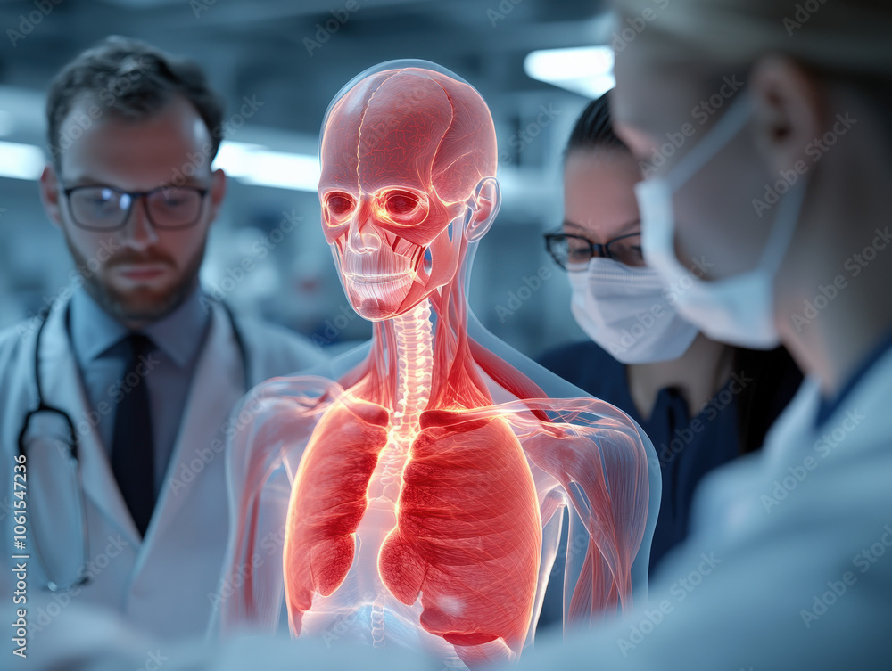 Poster a medical team examines a holographic representation of the human anatomy, highlighting skeletal and