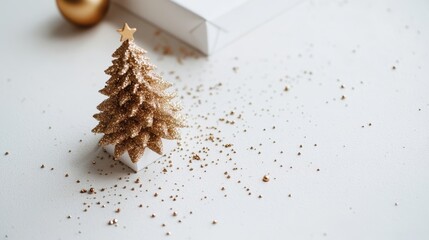 Christmas card layout with a detailed 3D tree, golden ornaments, and holiday decorations on one side, allowing space for a message on a soft snowy background.