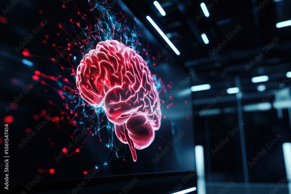 Leinwandbilder A vibrant digital representation of a brain surrounded by glowing particles, showcasing the intersection of neuroscience and technology.