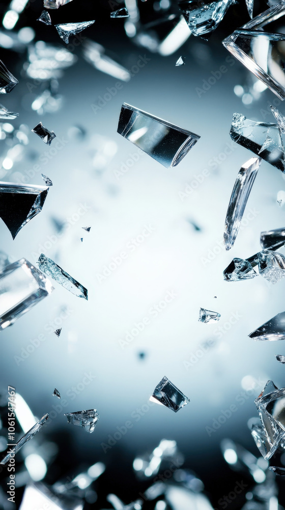 Aufkleber a high-contrast image of shattered glass pieces scattered against a soft-focus background, creating 