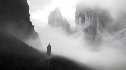 A spectral figure wandering through the foggy mountain pass.