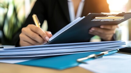 HR manager meticulously reviewing complaint files in a well-organized office setting, emphasizing the importance of fairness and thoroughness in workplace conflict resolution.