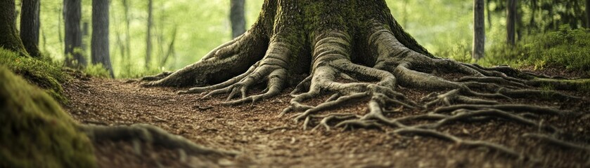 A close-up view of tree roots in a serene forest setting.