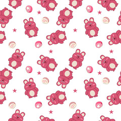 Rabbit pink fat.on cake roll star white background.seamless pattern vector illustration.
