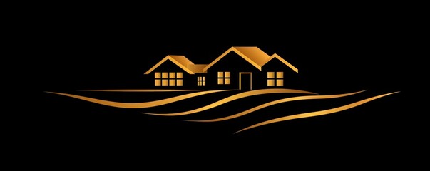 Stylized real estate logo with modern design, featuring a house and trees in minimalistic illustration.
