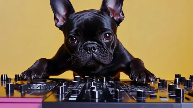 Curious French Bulldog peeking DJ controller on yellow background