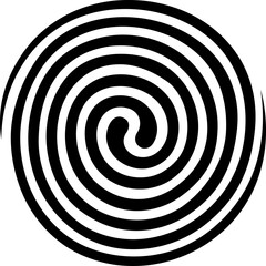 A black and white spiral pattern contained within a circle, featuring alternating bands that create a hypnotic swirling effect from the center outward.