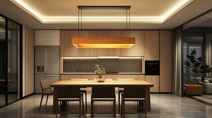 A modern dining room with a wooden table and chairs, a rectangular light fixture hangs from the ceiling, and there are cabinets and a kitchen counter in the background.
