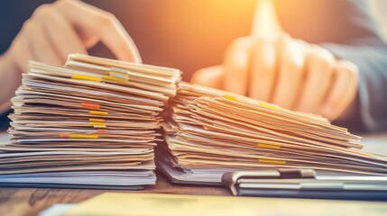 HR manager meticulously reviewing complaint files in a well-organized office setting, emphasizing the importance of fairness and thoroughness in workplace conflict resolution.
