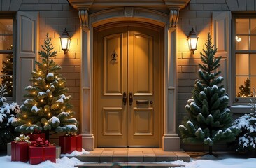 A cozy hotel entrance featuring a decorative door adorned with a festive wreath, flanked by two snowy Christmas trees and beautifully wrapped gifts, creating a warm holiday atmosphere 