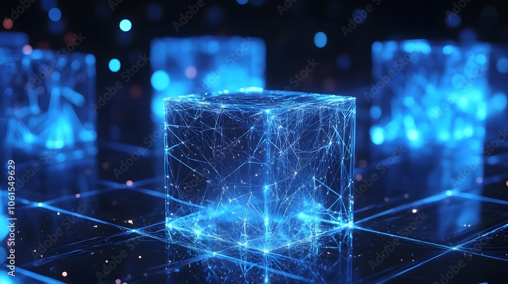 Poster a futuristic digital cube glowing with blue light and interconnected lines, representing technology 