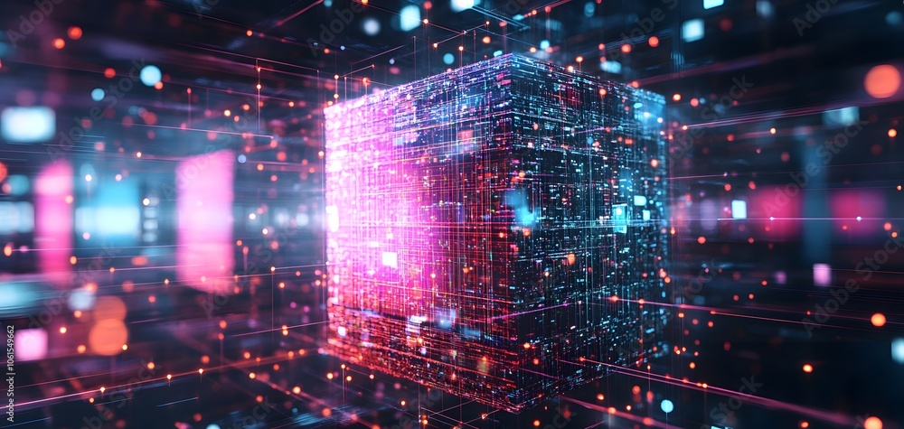 Poster a futuristic digital cube surrounded by luminous particles, embodying advanced technology and innova