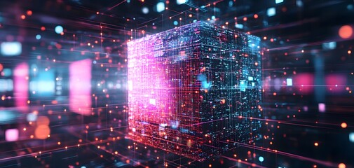 Obraz premium A futuristic digital cube surrounded by luminous particles, embodying advanced technology and innovation in a virtual environment.