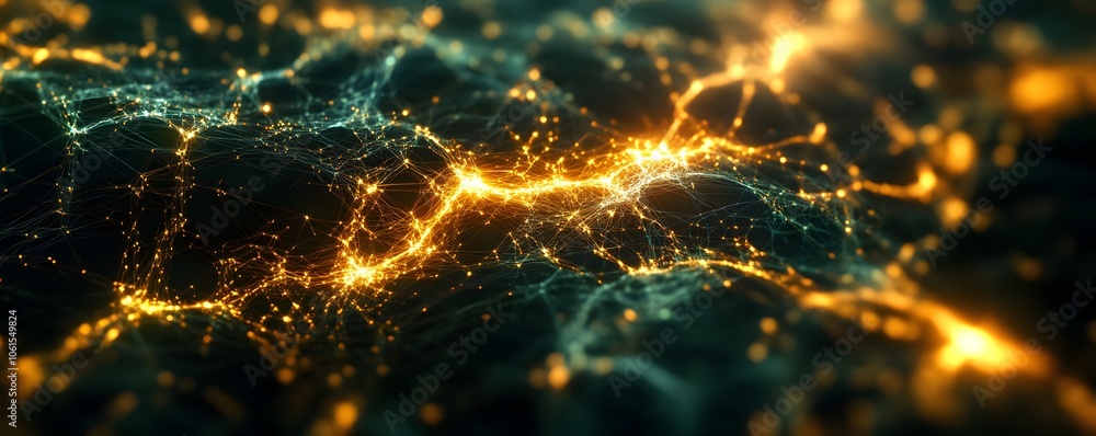 Poster a glowing network of interconnected lines and particles, creating a mesmerizing abstract digital lan