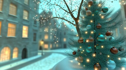 Elegant 3D Christmas card design with a beautifully decorated tree and sparkling ornaments, with space for holiday wishes on a wintery backdrop.