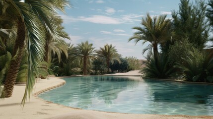 Fototapeta premium A tranquil oasis pool set amidst verdant palms and a bright sky, offering a picturesque retreat in a desert landscape.