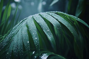 Fototapeta premium Lush green leaves adorned with glistening raindrops in a misty rainforest. Generative AI