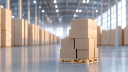 Stacked Cardboard Boxes in a Warehouse with Sunlight Streaming Through for Efficient Storage Solutions