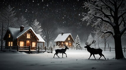 Winter Scene with Reindeer and Snowy Cabins