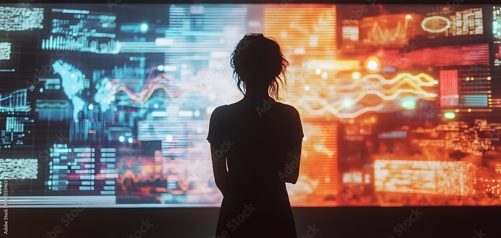 Poster a person silhouettes against a vibrant digital screen displaying data and graphs, showcasing technol