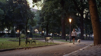 During a morning jog, a woman and her dog enjoy a run through a tree-lined park path adorned with soft lights, capturing an active and refreshing moment.