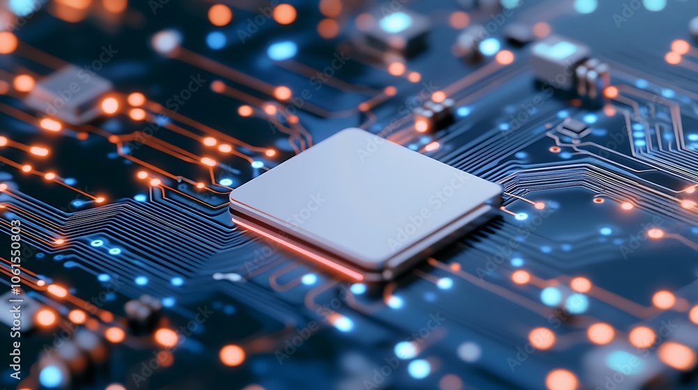 Poster close up of a computer chip on a circuit board highlighting modern technology and innovation