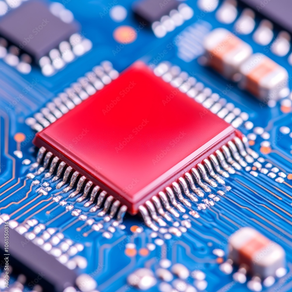 Poster close-up of a red microchip on a circuit board.