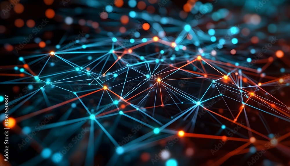 Poster a vibrant, abstract representation of interconnected nodes and lines, showcasing dynamic patterns in