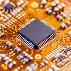 Close-up of a microchip on a circuit board.