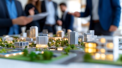 Obraz premium Business Professionals Discussing Architectural Models of Modern Real Estate Developments
