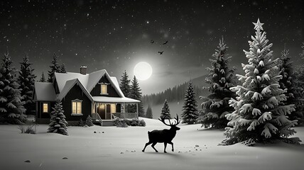 Cozy Winter Scene with Reindeer and Snowy Landscape