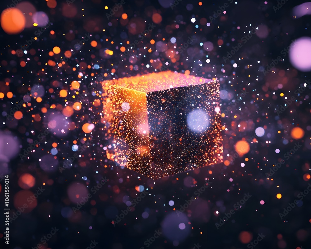 Poster a vibrant cube surrounded by colorful particles, creating a mesmerizing digital art effect against a