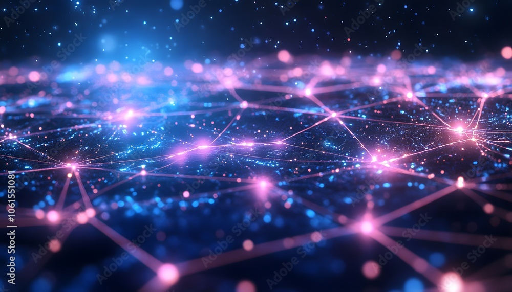Poster a vibrant digital landscape features interconnected nodes and lines, creating a mesmerizing visualiz