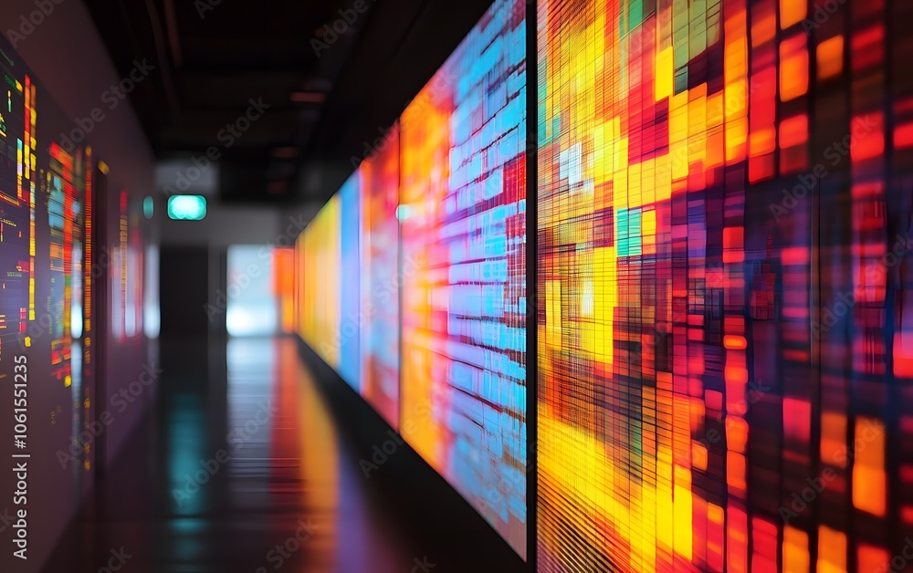 Poster a vibrant modern corridor featuring colorful digital screens, creating an immersive and dynamic visu