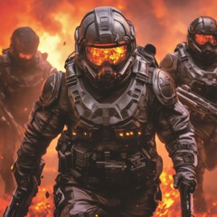 Obraz premium Three futuristic soldiers in battle armor advance through a fiery landscape.
