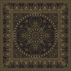 Vector gold and black classic Greek square ornament. Rectangle of Ancient Greece and Roman Empire. Byzantine painting of walls, floors and ceilings. Decoration of European palaces